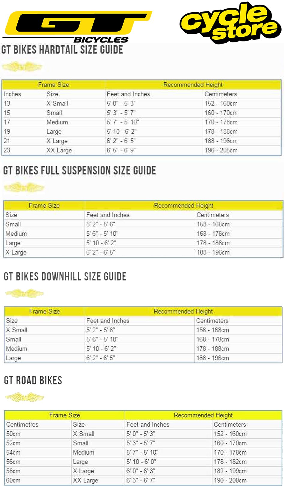 trekking bike size chart