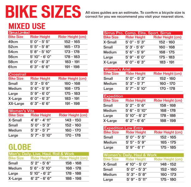 specialized road bike frame size chart