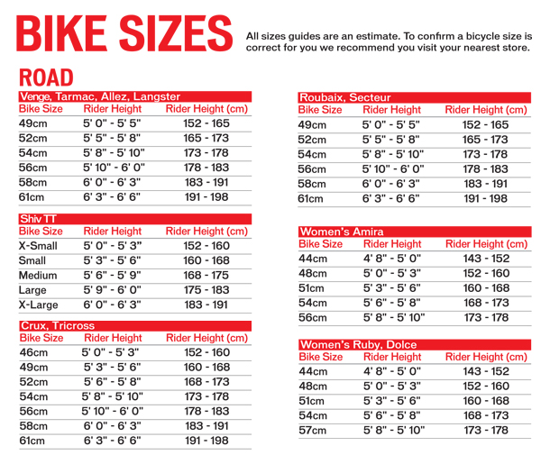 specialized bike size chart australia